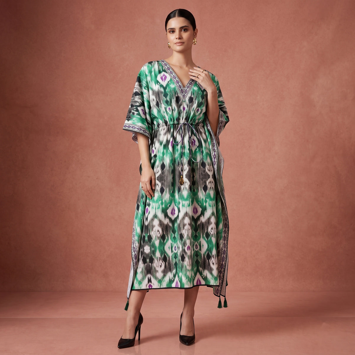 Green Ikat Print Kaftan for Women – Cotton Poplin | First Resort by Ramola Bachchan