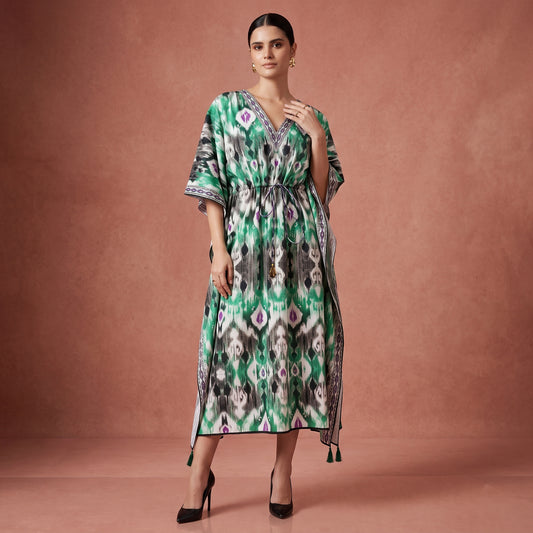 Green Ikat Print Kaftan for Women – Cotton Poplin | First Resort by Ramola Bachchan