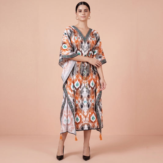 Orange Ikat Print Kaftan for Women – Cotton Poplin | First Resort by Ramola Bachchan