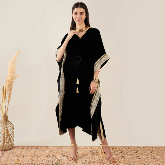 Black Silk Velvet Mid Length Kaftan with Gold Lace Detail