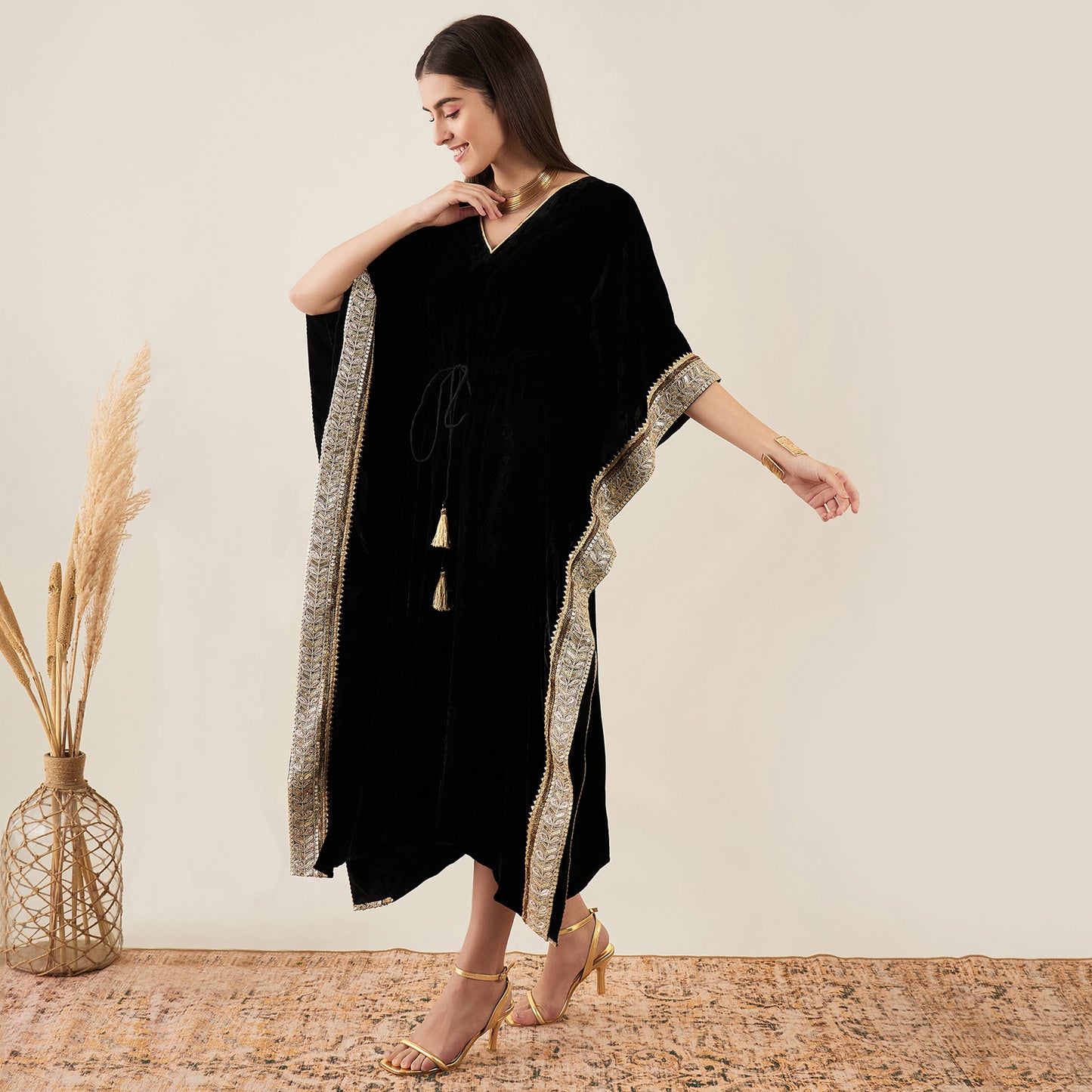 Black Silk Velvet Mid Length Kaftan with Gold Lace Detail