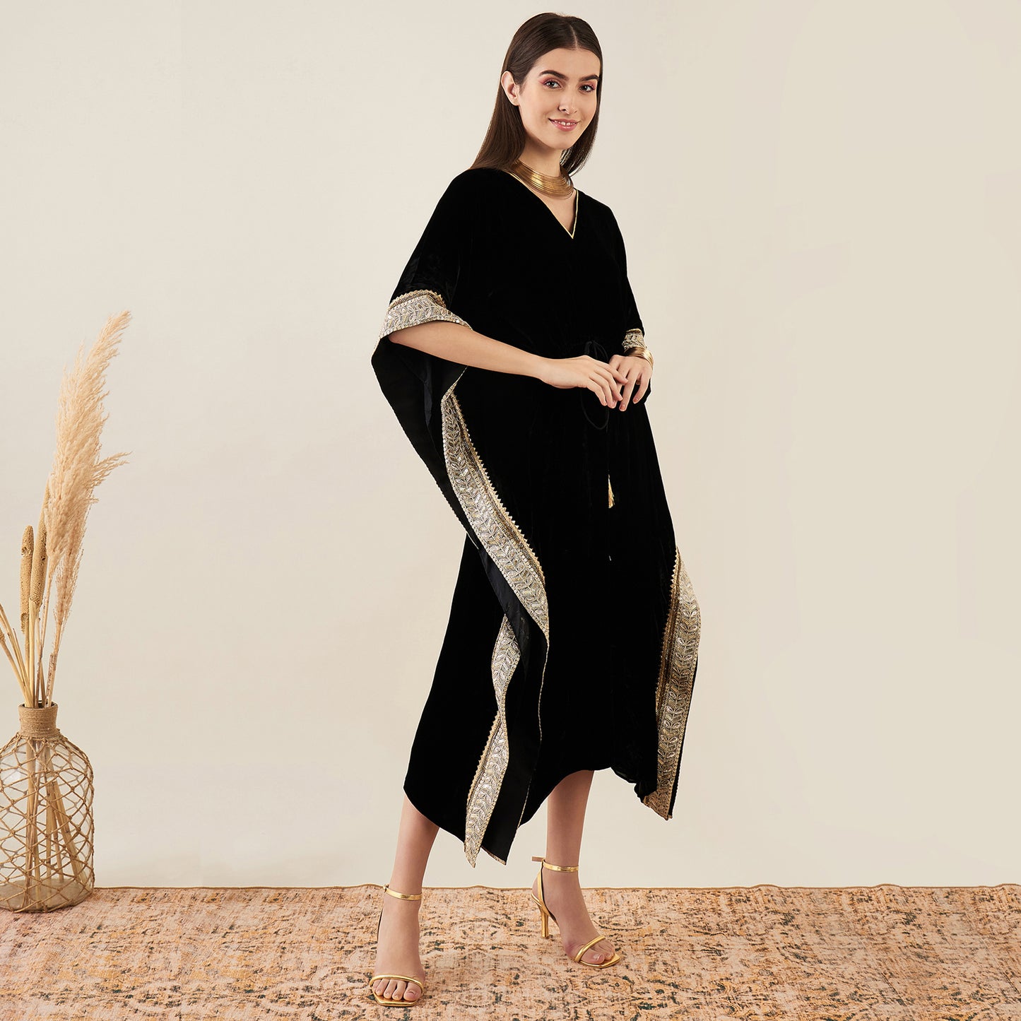 Black Silk Velvet Mid Length Kaftan with Gold Lace Detail