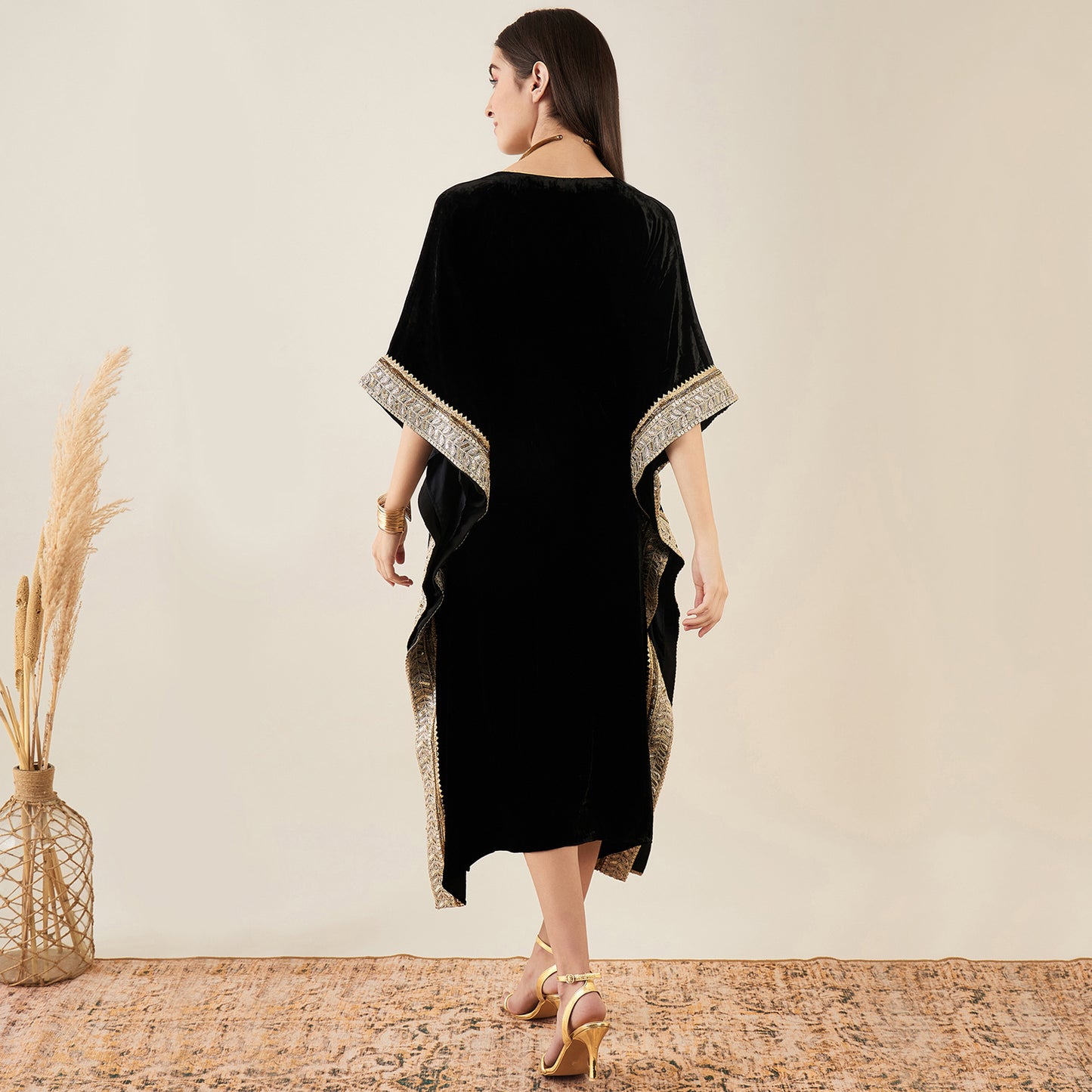 Black Silk Velvet Mid Length Kaftan with Gold Lace Detail