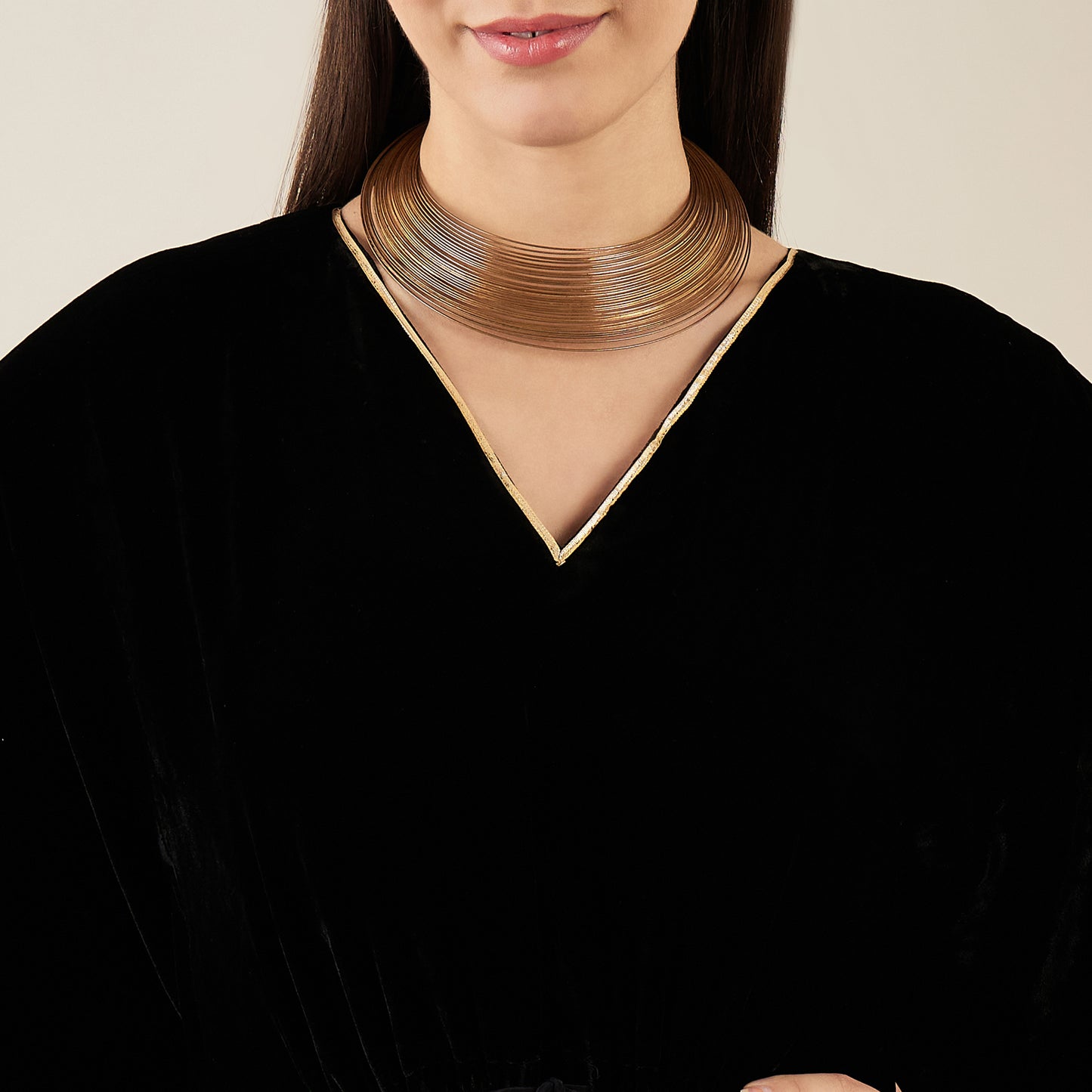 Black Silk Velvet Mid Length Kaftan with Gold Lace Detail