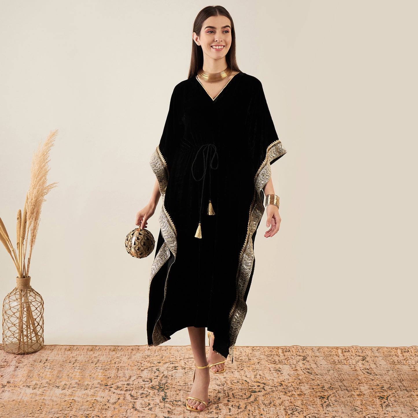 Black Silk Velvet Mid Length Kaftan with Gold Lace Detail