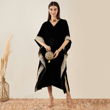 Black Silk Velvet Mid Length Kaftan with Gold Lace Detail