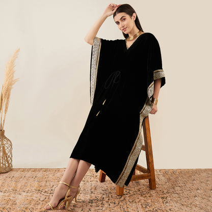 Black Silk Velvet Mid Length Kaftan with Gold Lace Detail