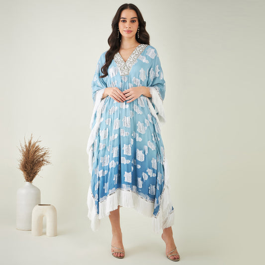 Blue Ombre Lurex Mid Length Kaftan with Fringe Detail