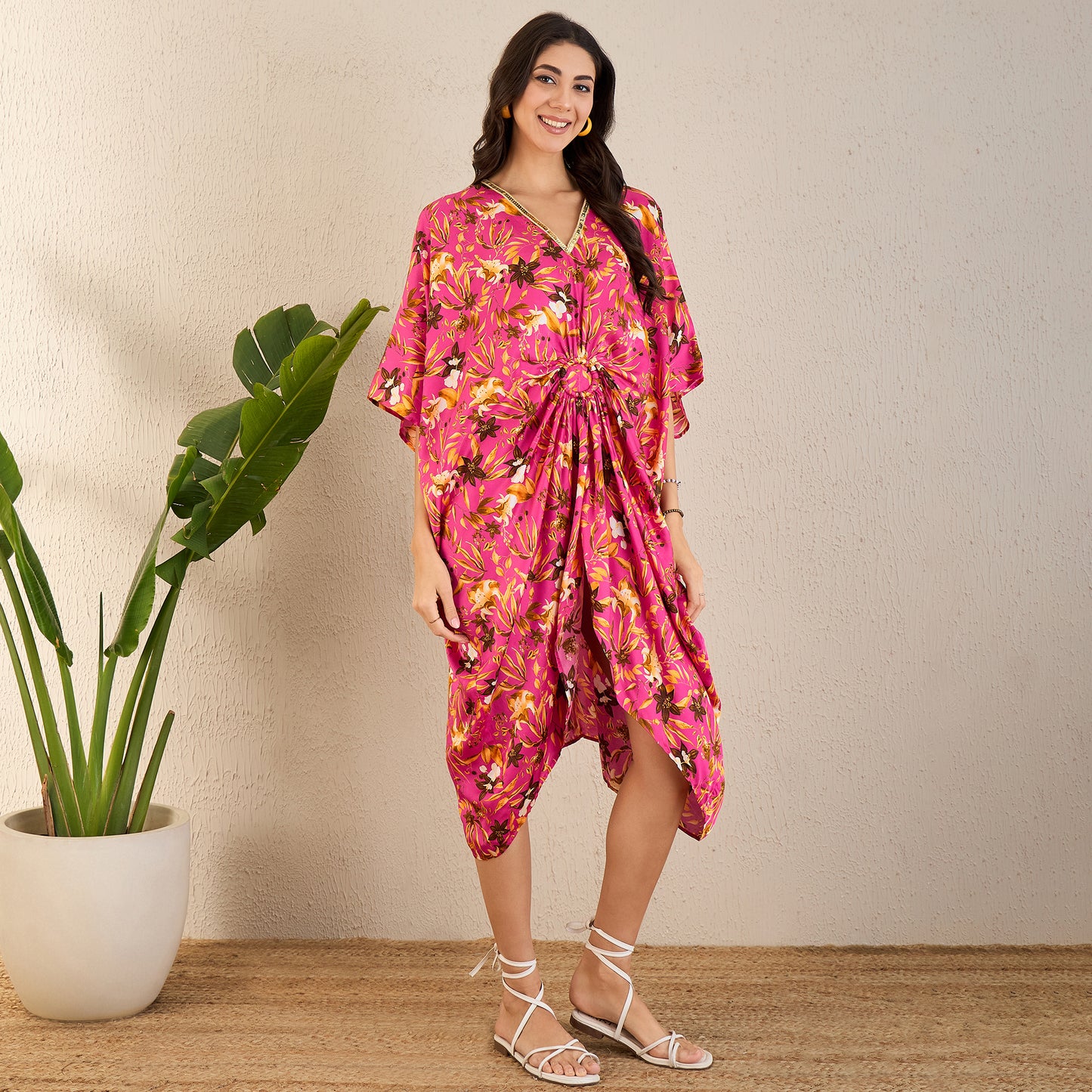 Fuchsia and Bronze Floral Mid Length Kaftan