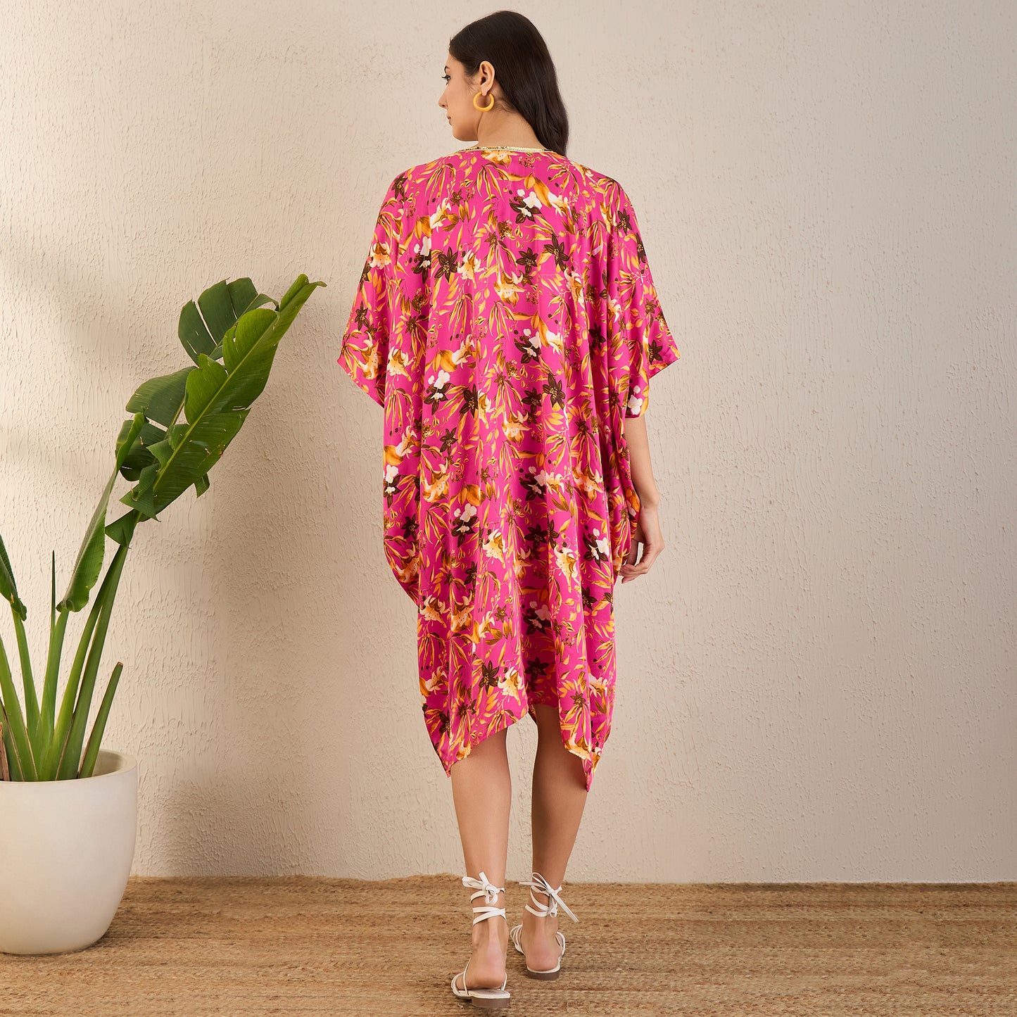 Fuchsia and Bronze Floral Mid Length Kaftan