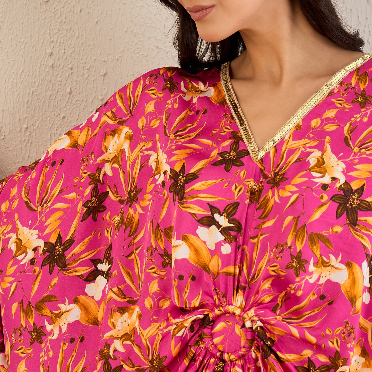 Fuchsia and Bronze Floral Mid Length Kaftan
