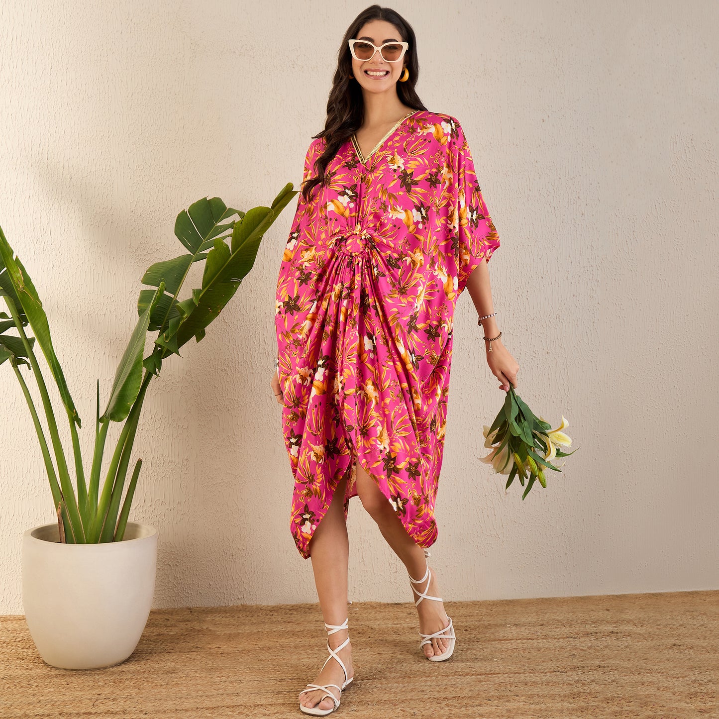Fuchsia and Bronze Floral Mid Length Kaftan