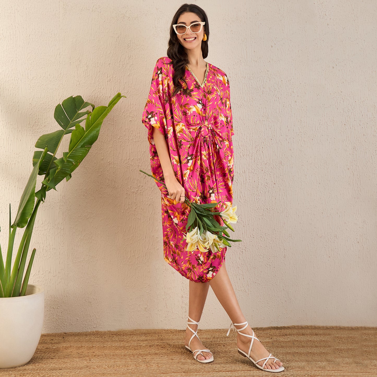 Fuchsia and Bronze Floral Mid Length Kaftan
