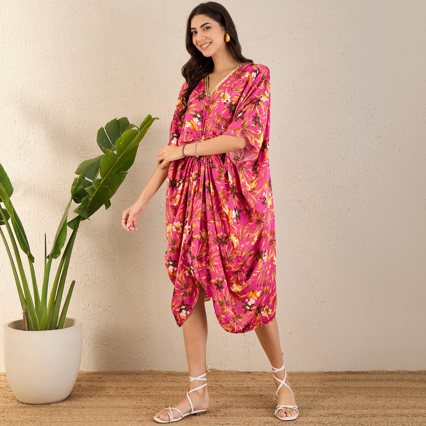 Fuchsia and Bronze Floral Mid Length Kaftan