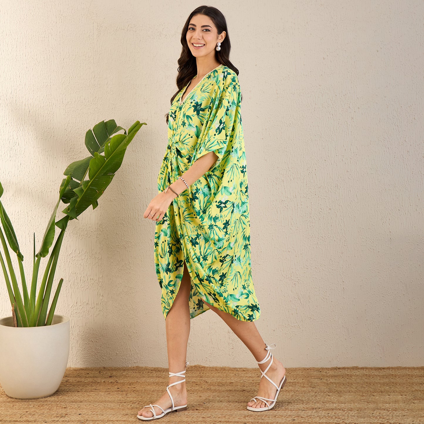 Yellow and Lime Green Floral Mid Length Kaftan