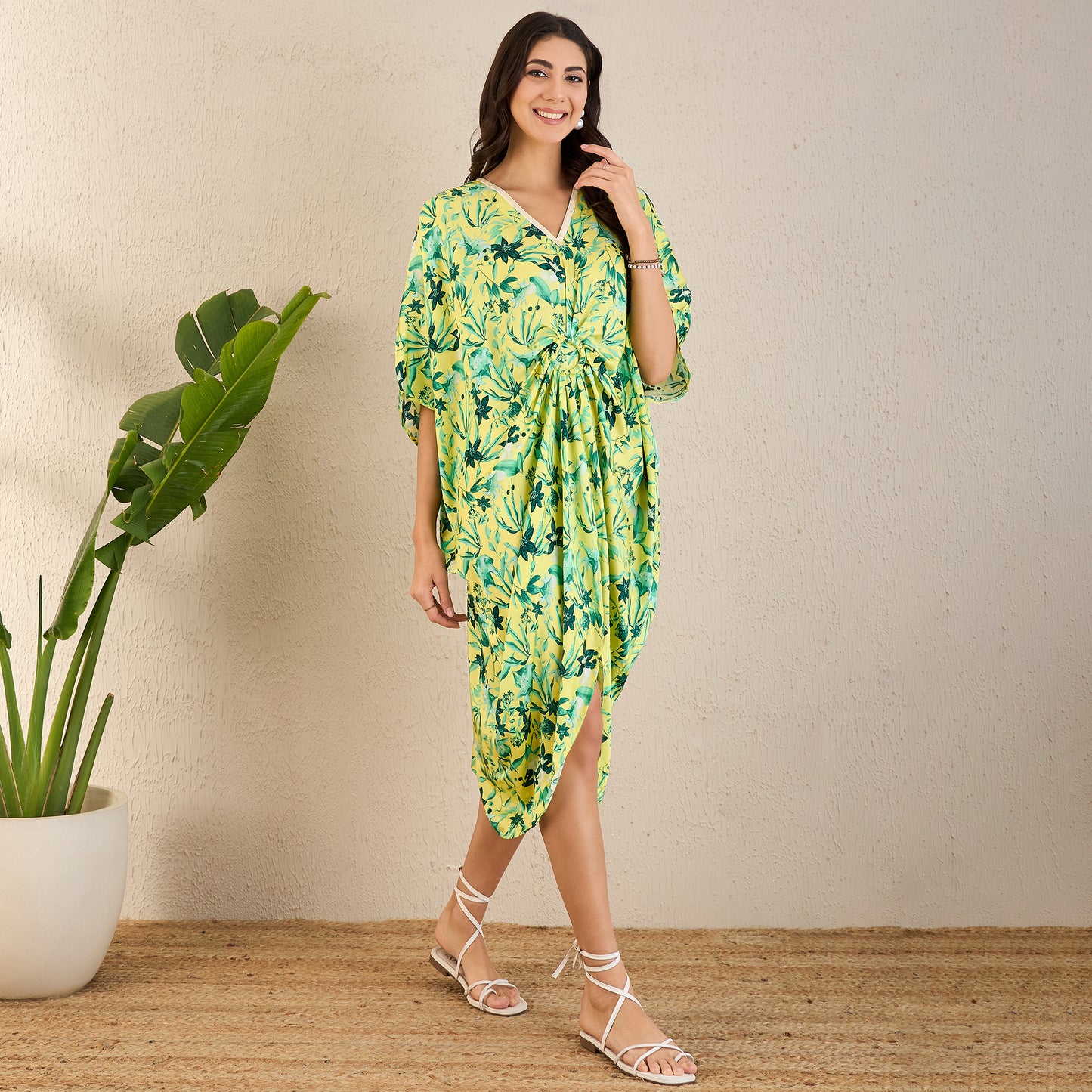 Yellow and Lime Green Floral Mid Length Kaftan