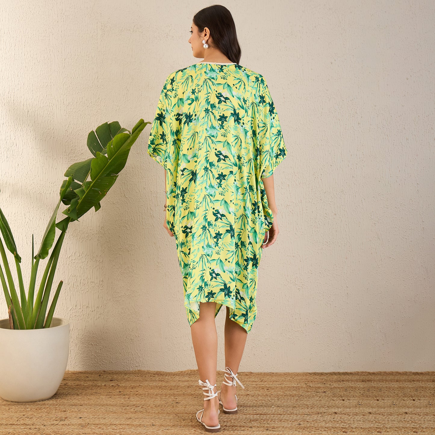 Yellow and Lime Green Floral Mid Length Kaftan