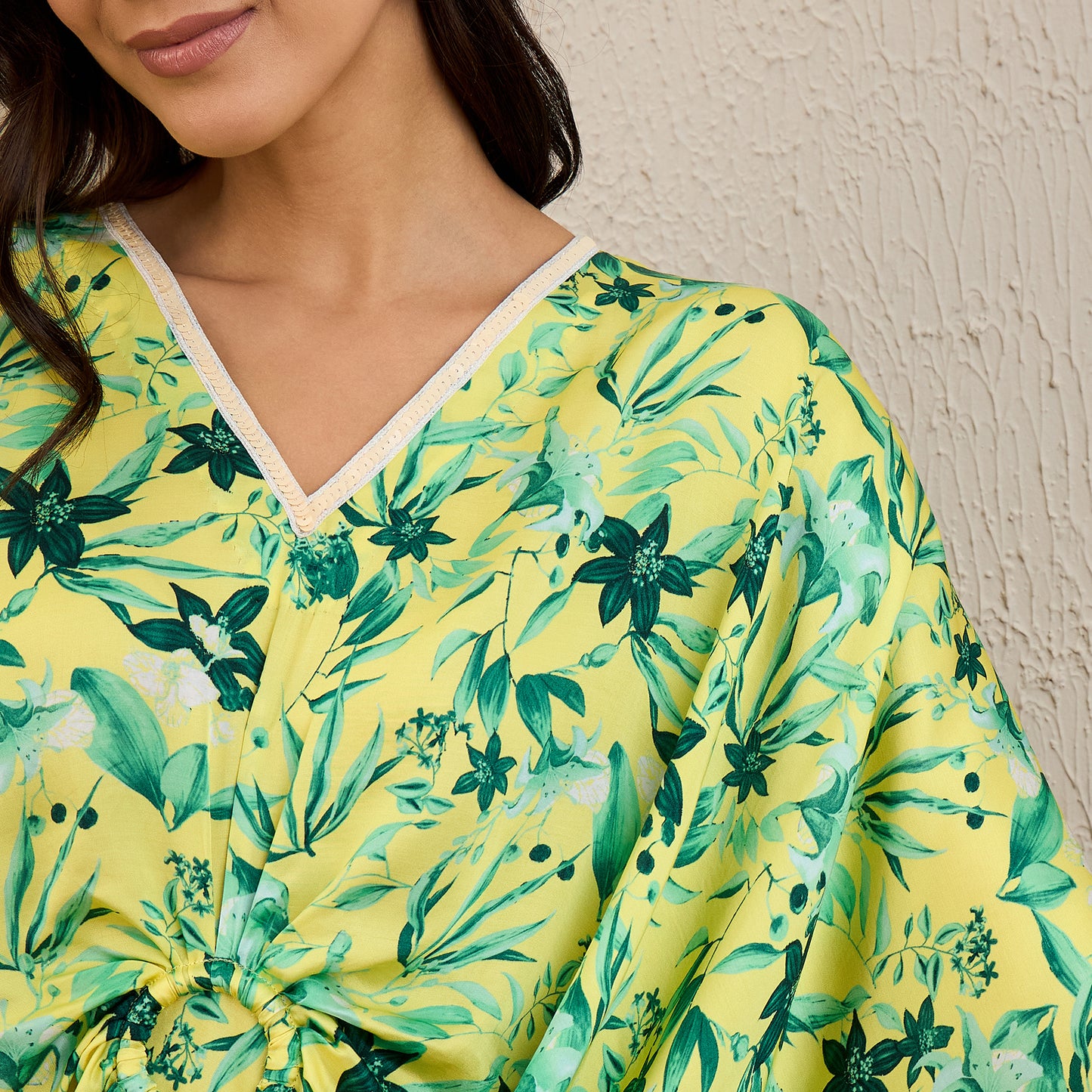 Yellow and Lime Green Floral Mid Length Kaftan