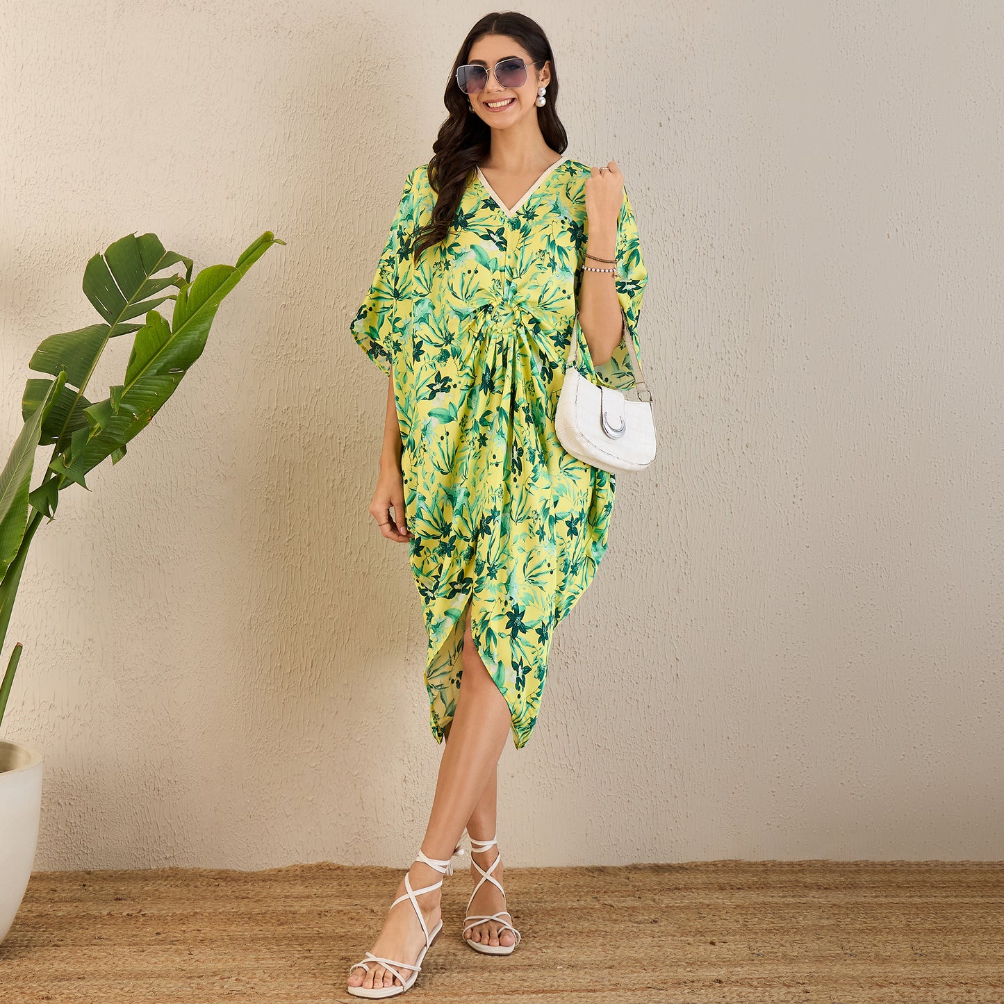 Yellow and Lime Green Floral Mid Length Kaftan