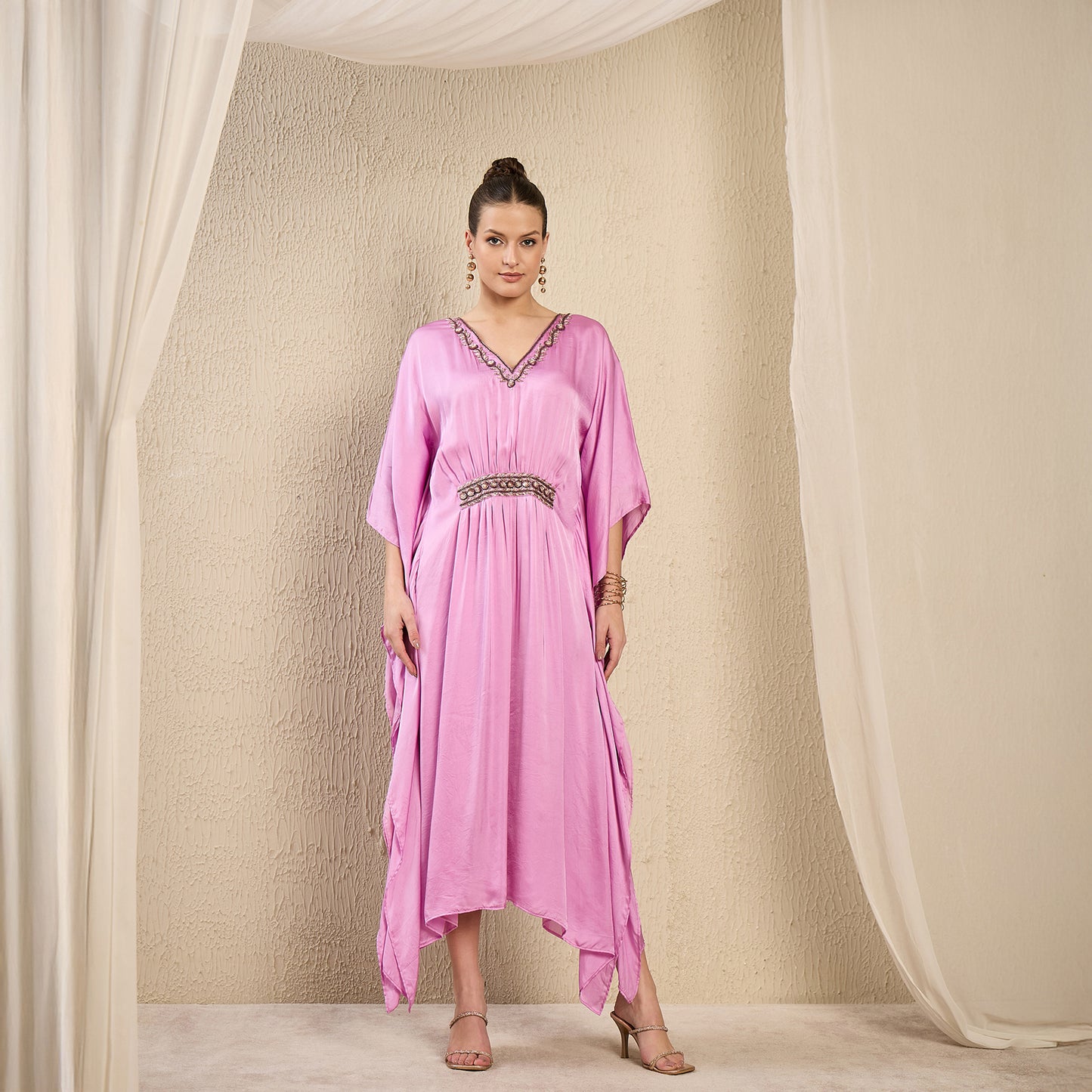 Lilac Hand Embroidered Mid Length Kaftan