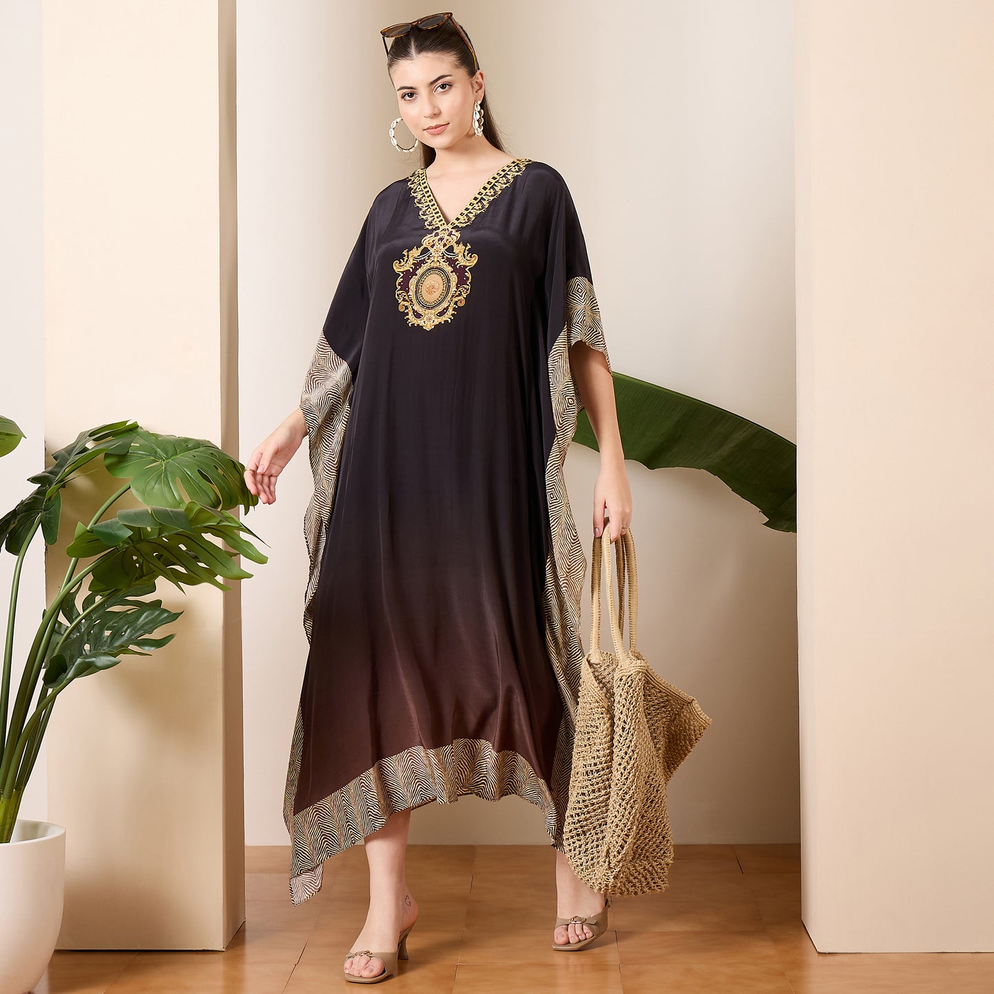 Black and Brown Baroque Print Mid Length Kaftan