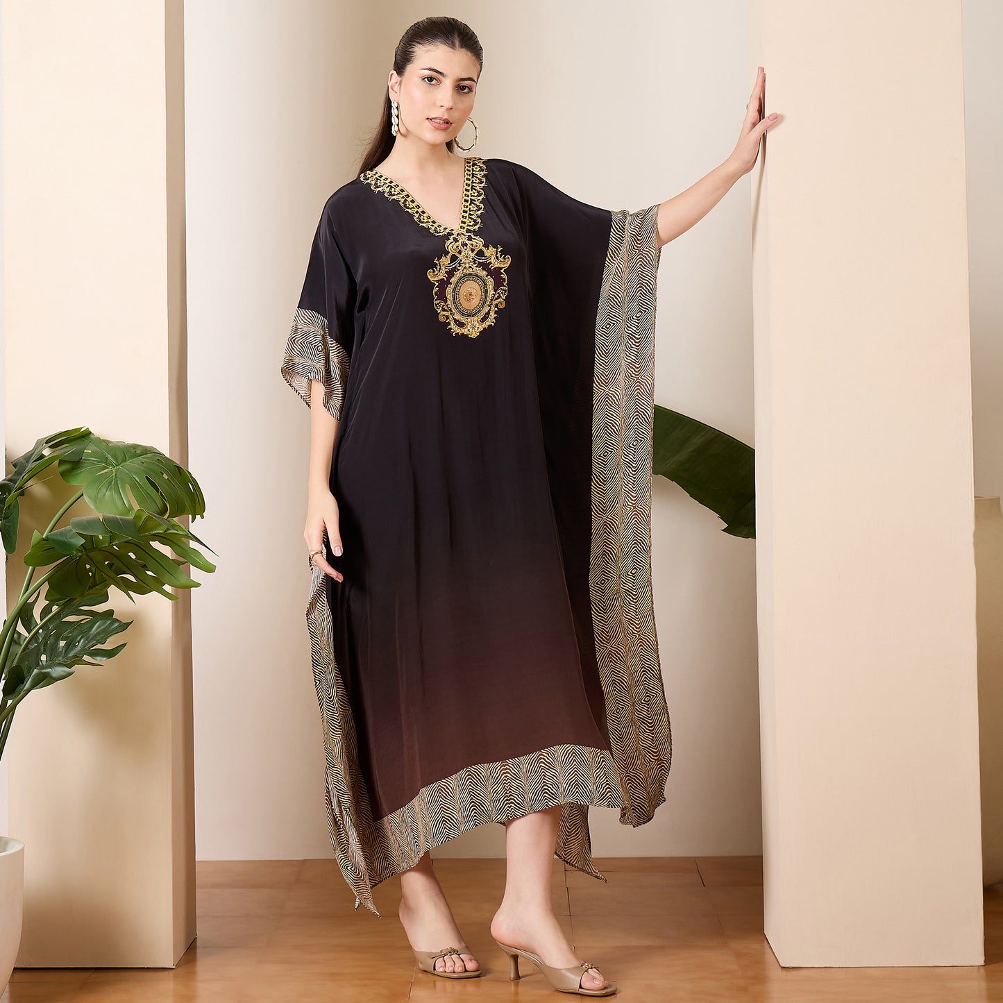 Black and Brown Baroque Print Mid Length Kaftan