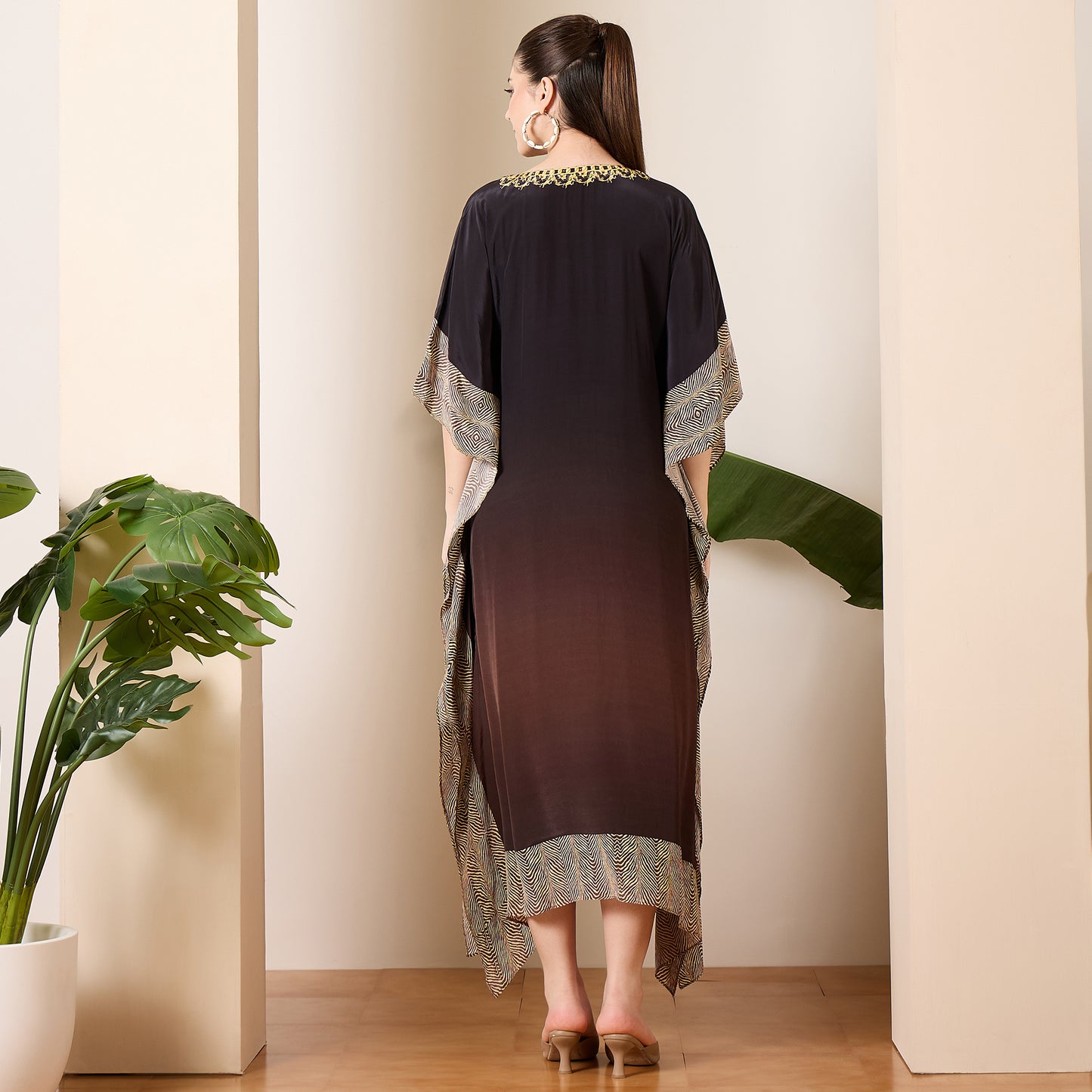 Black and Brown Baroque Print Mid Length Kaftan