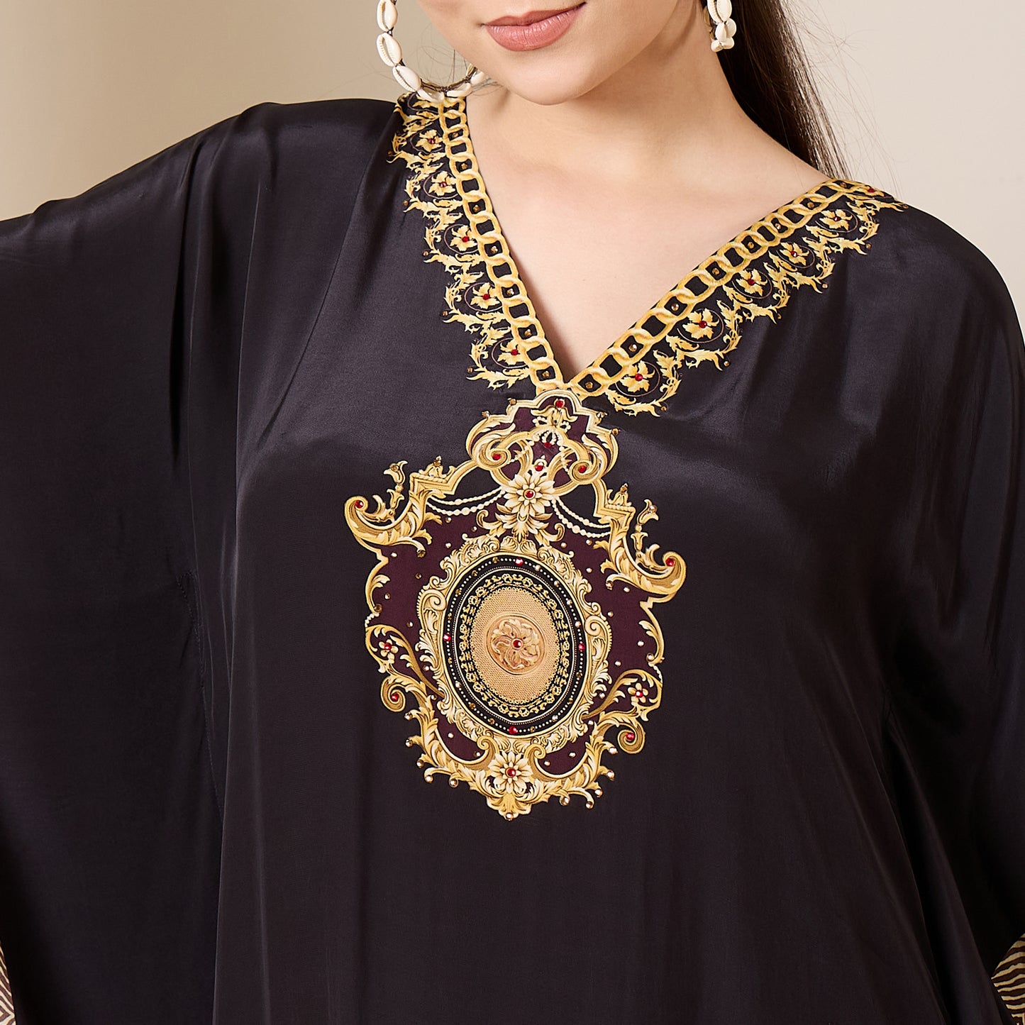Black and Brown Baroque Print Mid Length Kaftan