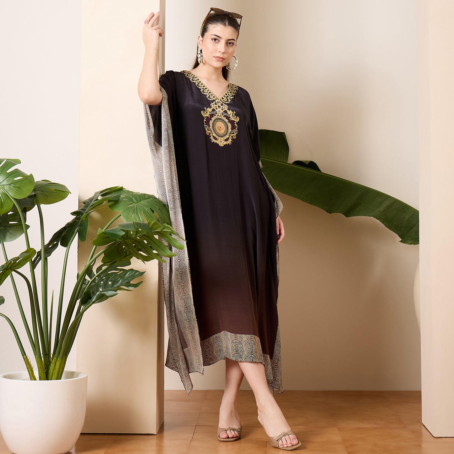 Black and Brown Baroque Print Mid Length Kaftan