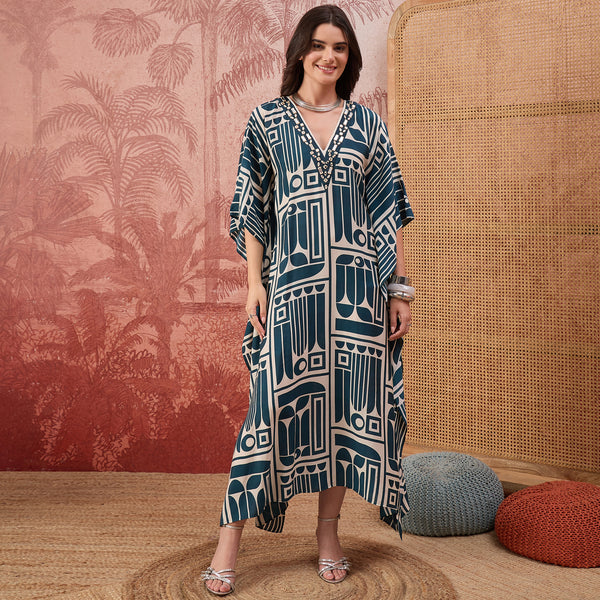 Beige and Blue Abstract Printed Mid Length Kaftan
