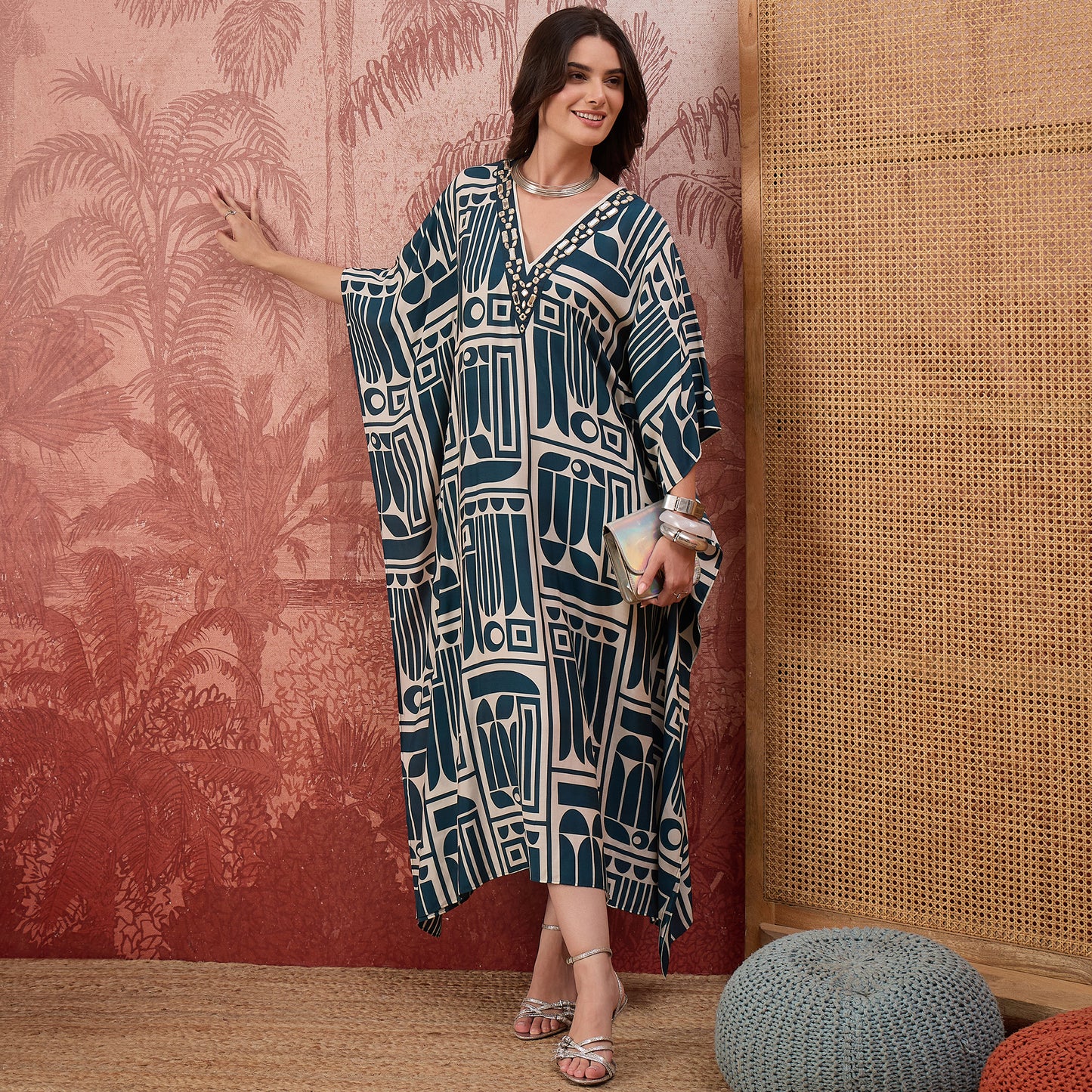 Beige and Blue Abstract Printed Mid Length Kaftan