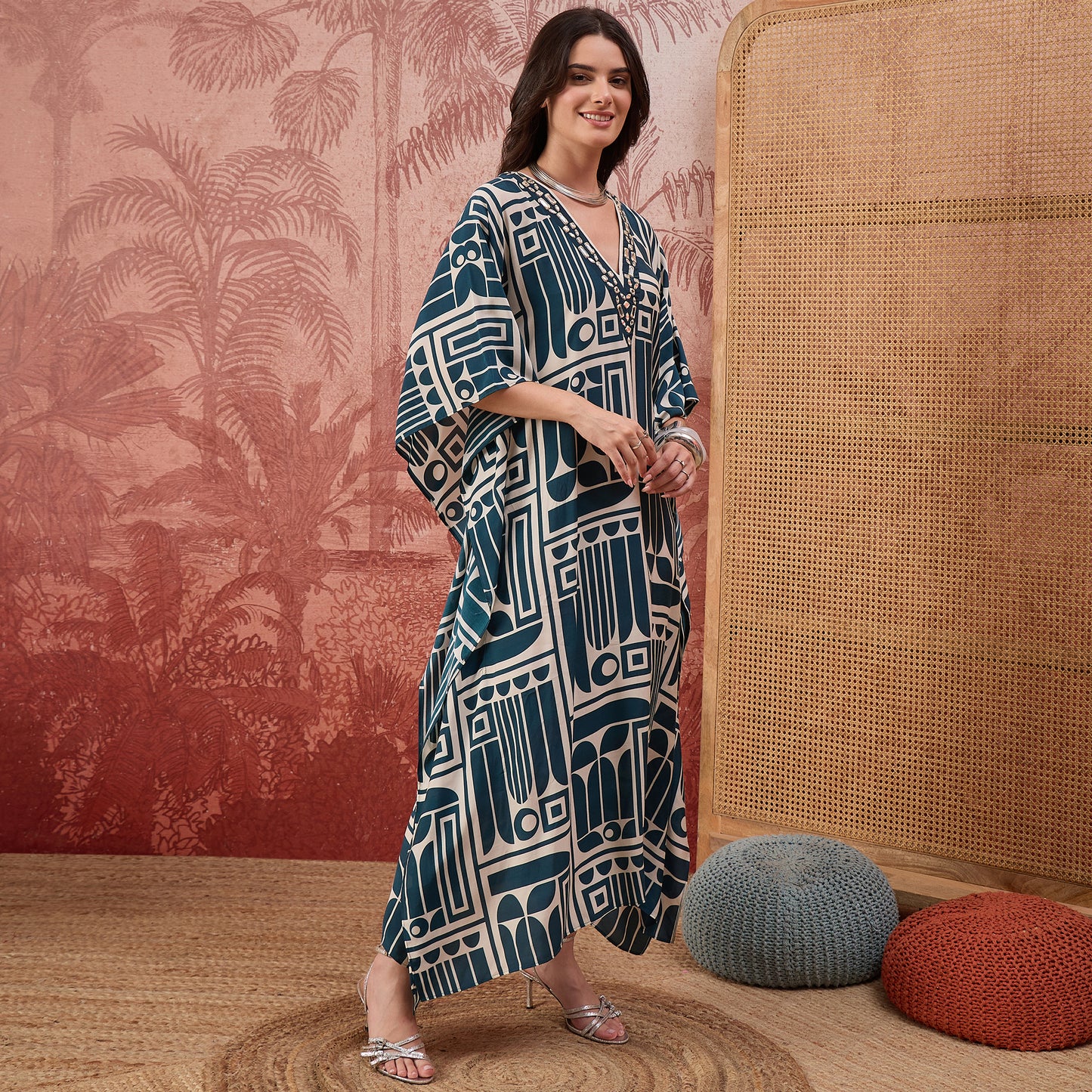 Beige and Blue Abstract Printed Mid Length Kaftan