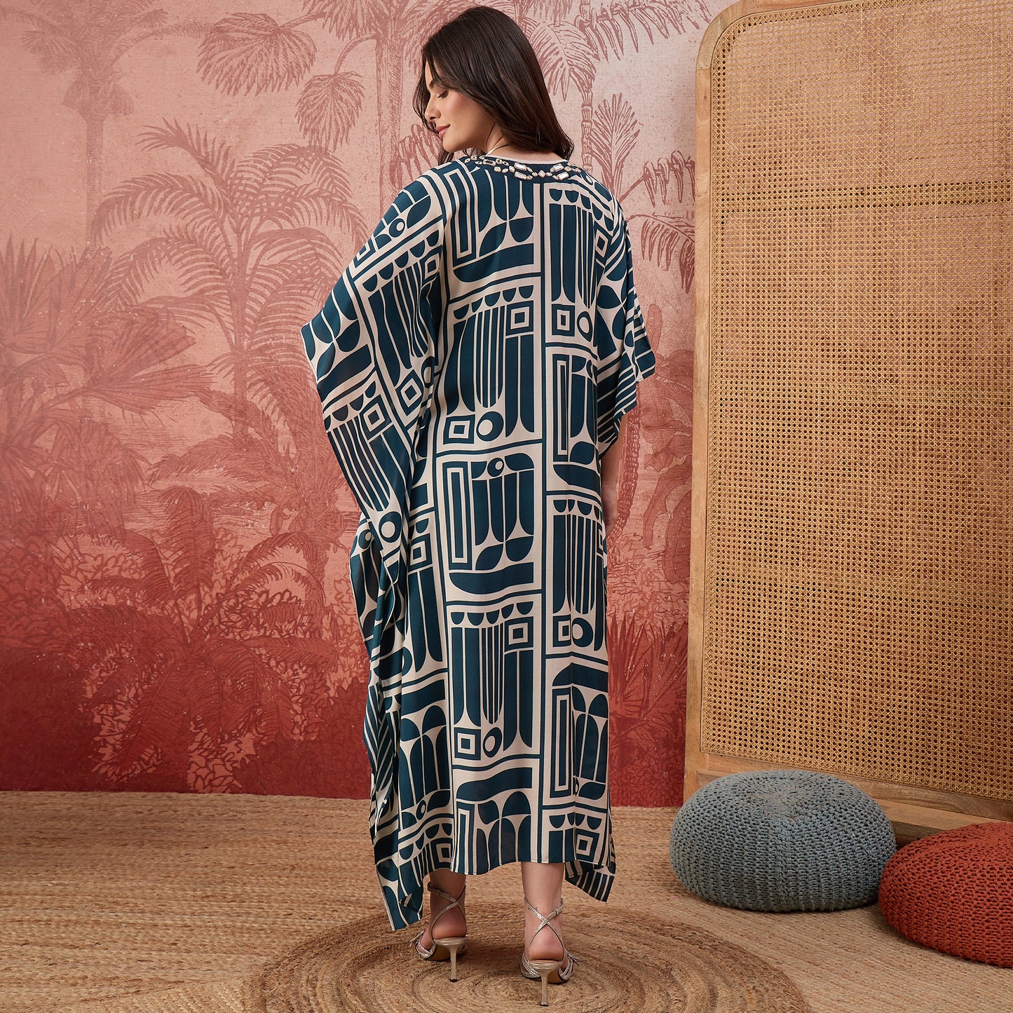 Beige and Blue Abstract Printed Mid Length Kaftan