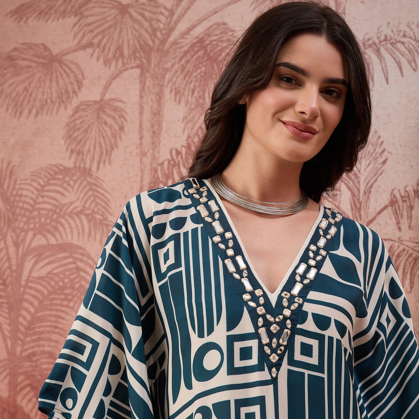 Beige and Blue Abstract Printed Mid Length Kaftan