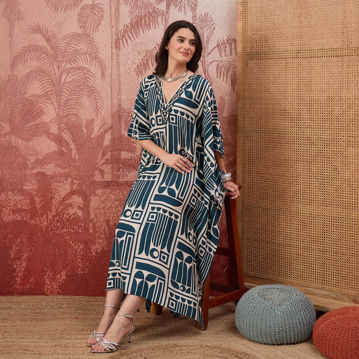 Beige and Blue Abstract Printed Mid Length Kaftan