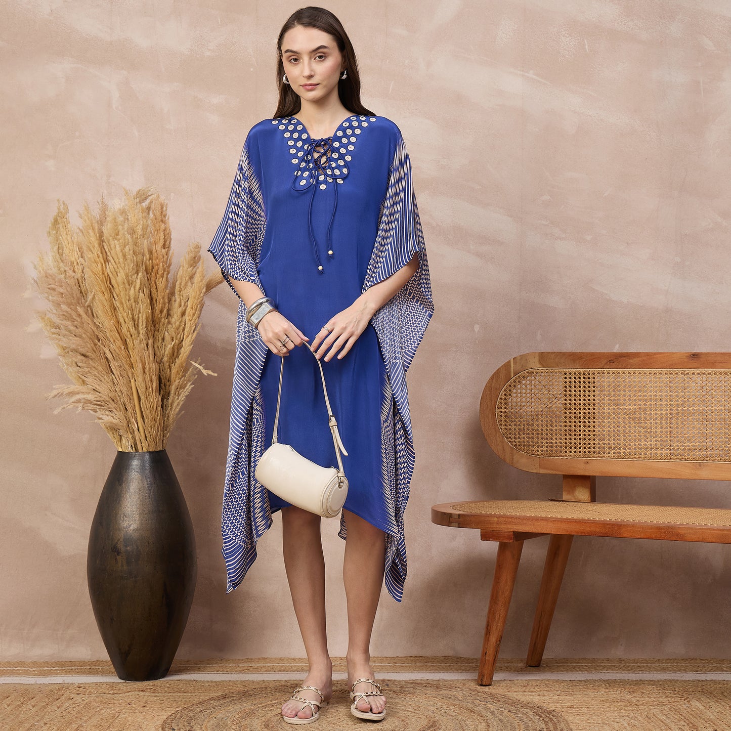 Blue Abstract Print Kaftan for Women – Viscose Crepe – Front View | First Resort by Ramola Bachchan