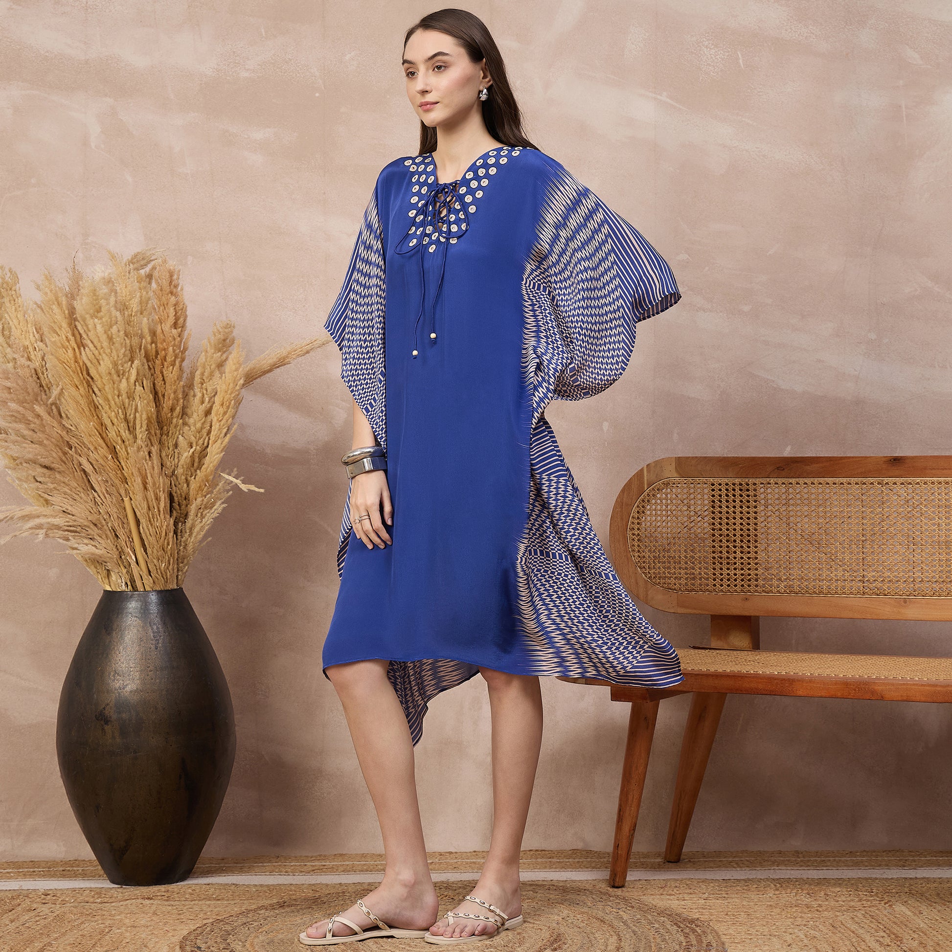 Blue Abstract Print Kaftan for Women – Viscose Crepe – Model View | First Resort by Ramola Bachchan