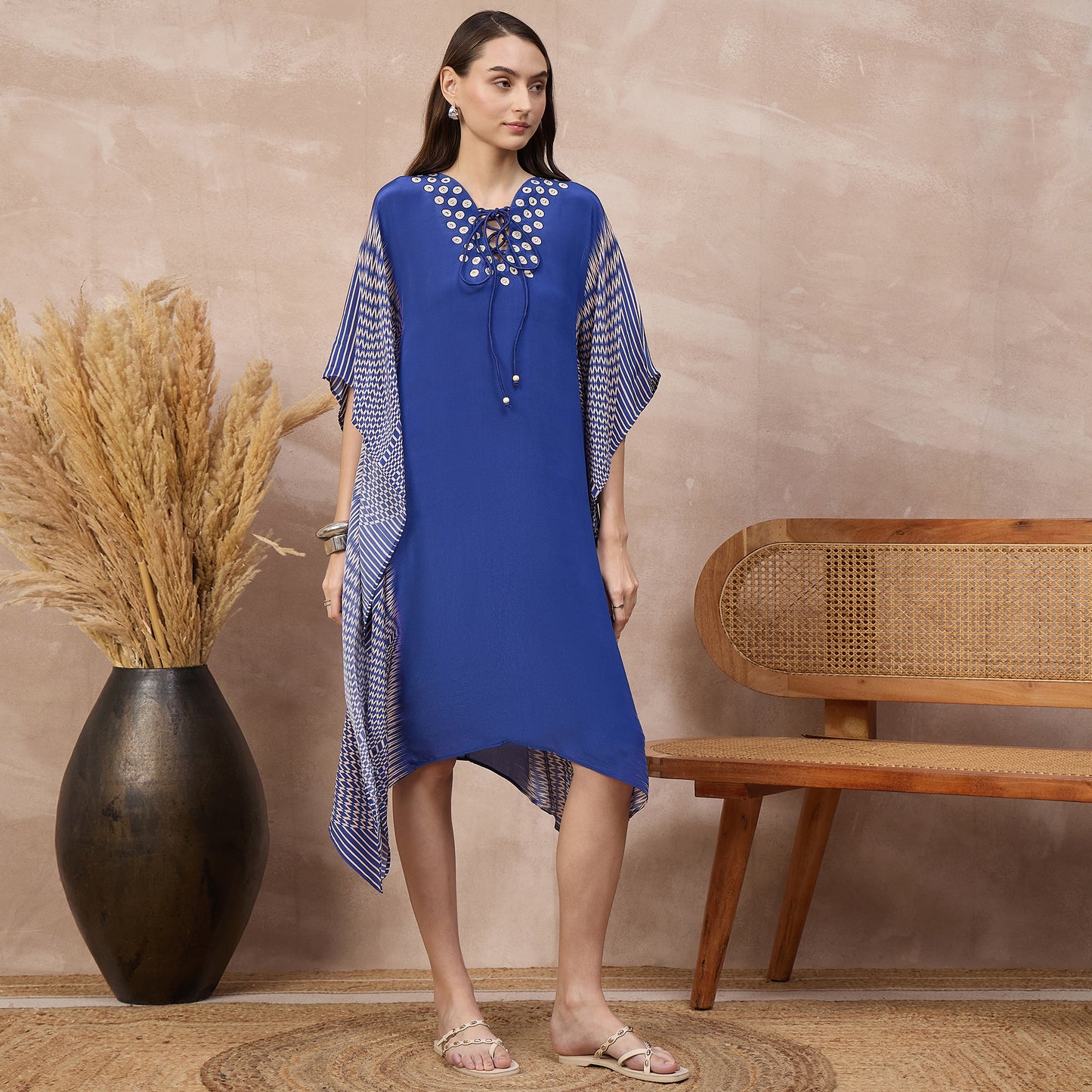 Blue Abstract Print Kaftan for Women – Viscose Crepe – Side View | First Resort by Ramola Bachchan