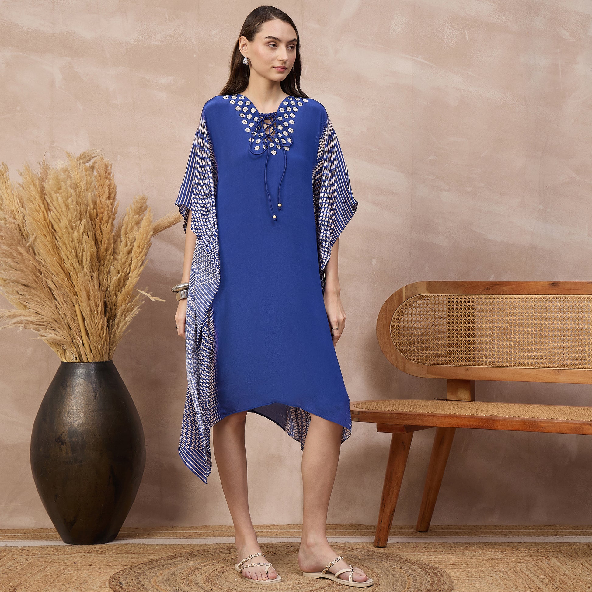 Blue Abstract Print Kaftan for Women – Viscose Crepe – Side View | First Resort by Ramola Bachchan
