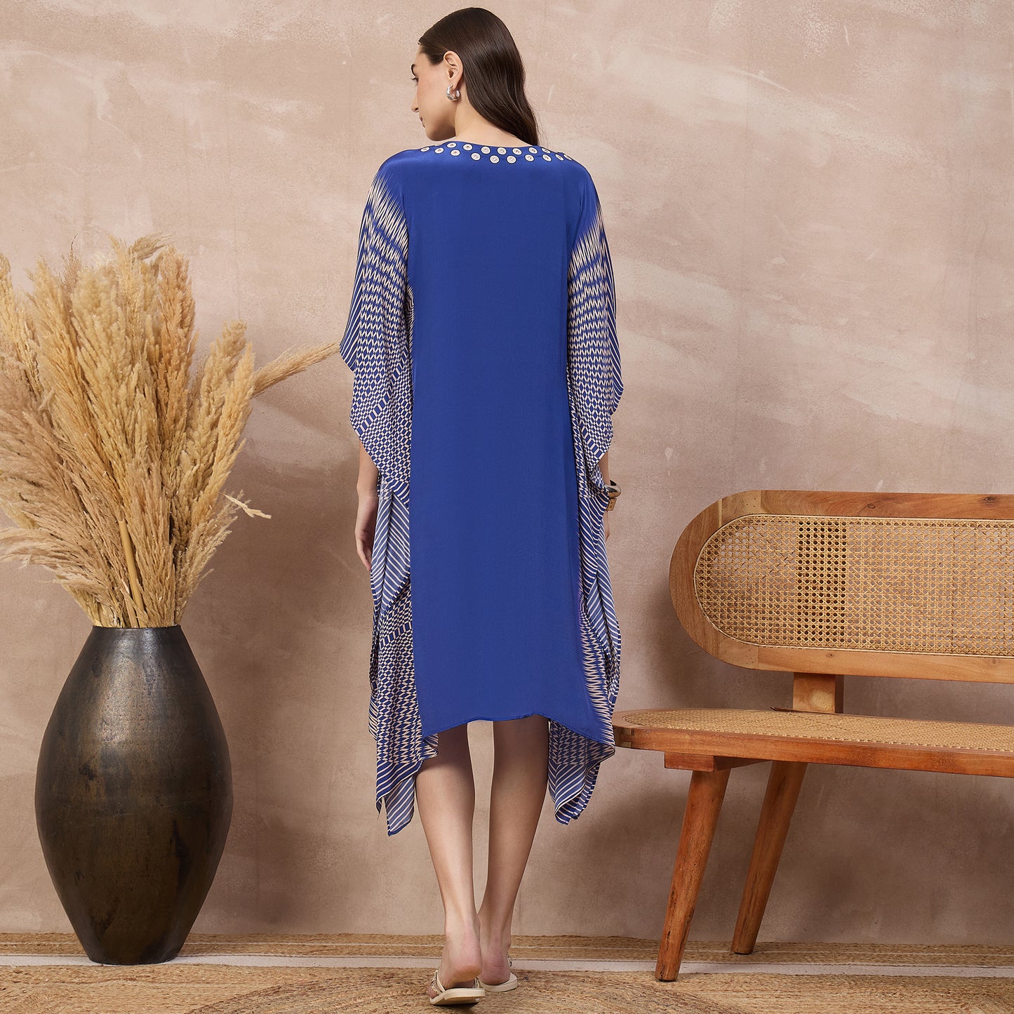 Blue Abstract Print Kaftan for Women – Viscose Crepe – Detail View | First Resort by Ramola Bachchan