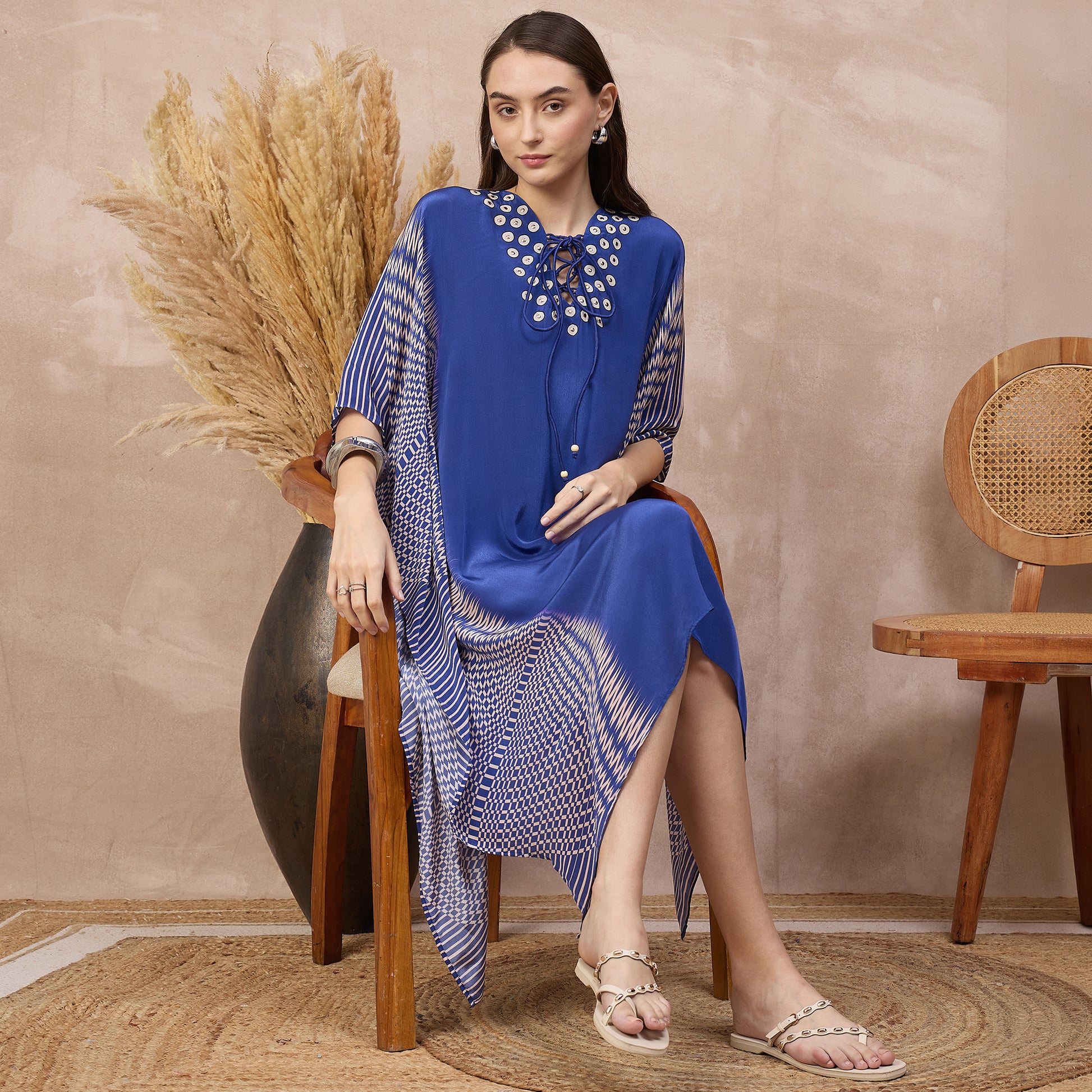 Blue Abstract Print Kaftan for Women – Viscose Crepe – Back View | First Resort by Ramola Bachchan