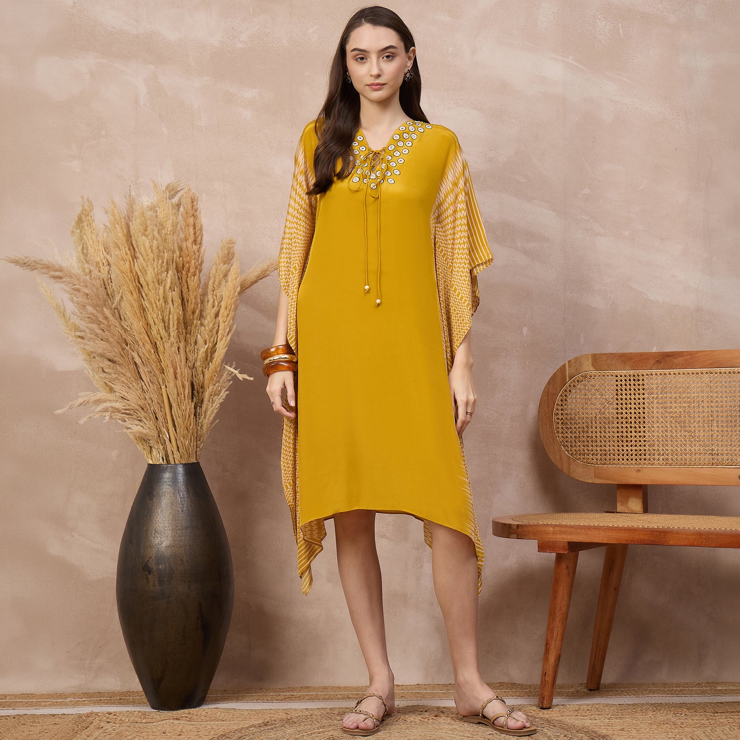 Yellow Abstract Print Kaftan for Women – Viscose Crepe | First Resort by Ramola Bachchan
