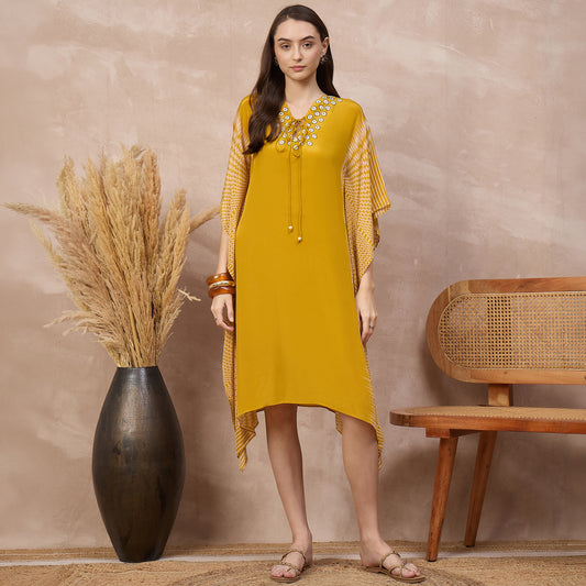 Yellow Abstract Print Kaftan for Women – Viscose Crepe | First Resort by Ramola Bachchan