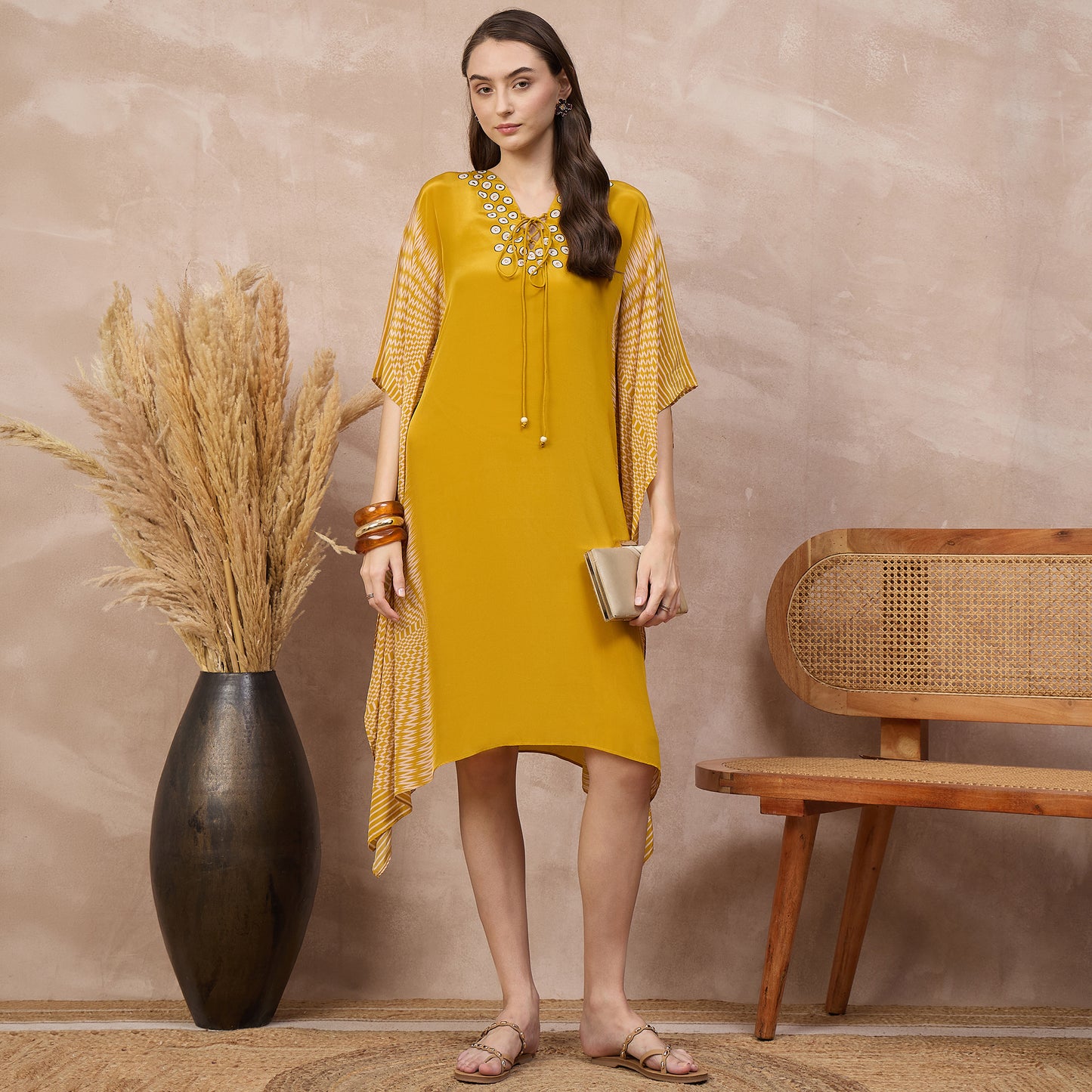 Yellow Abstract Print Kaftan for Women – Viscose Crepe – Front View | First Resort by Ramola Bachchan
