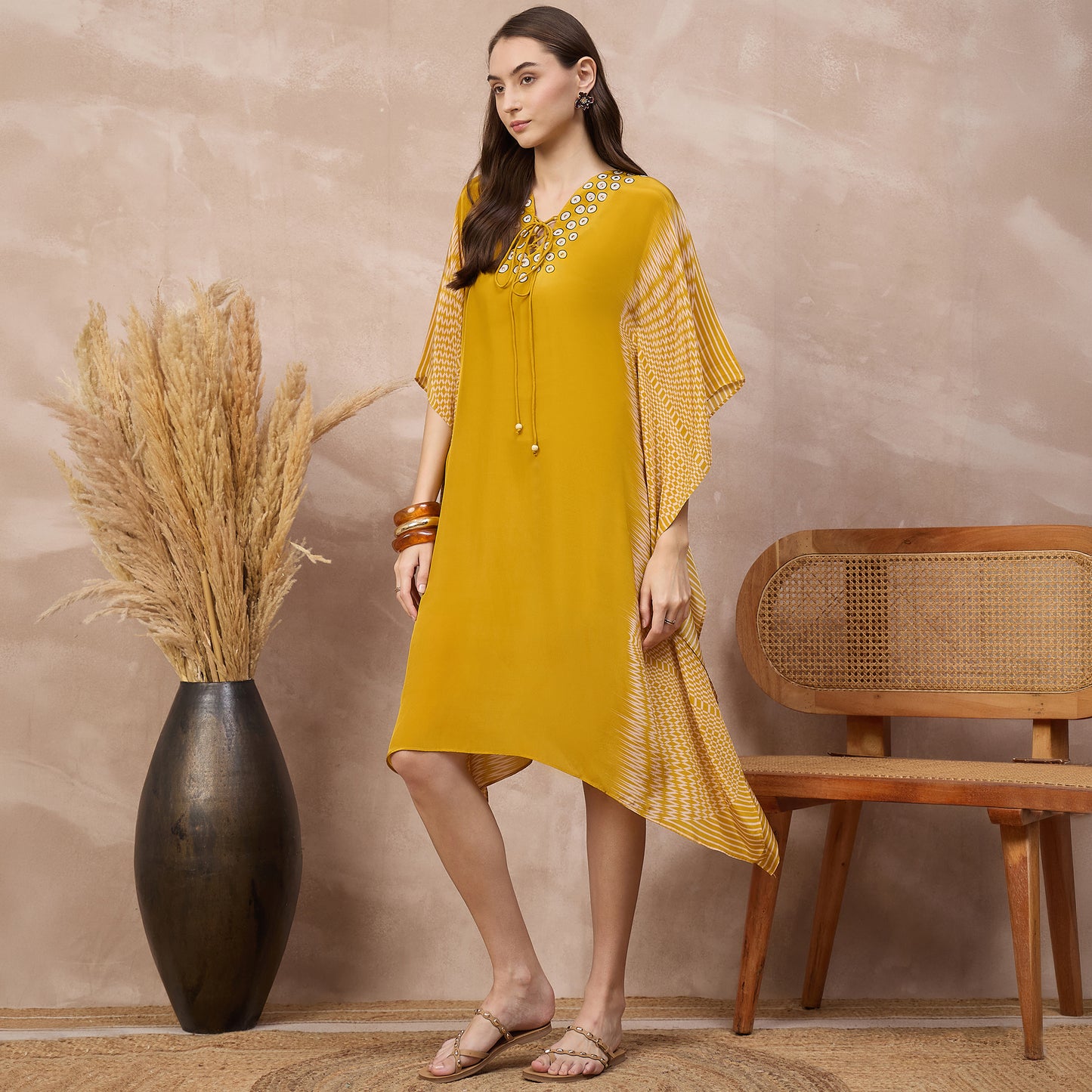 Yellow Abstract Print Kaftan for Women – Viscose Crepe – Model View | First Resort by Ramola Bachchan