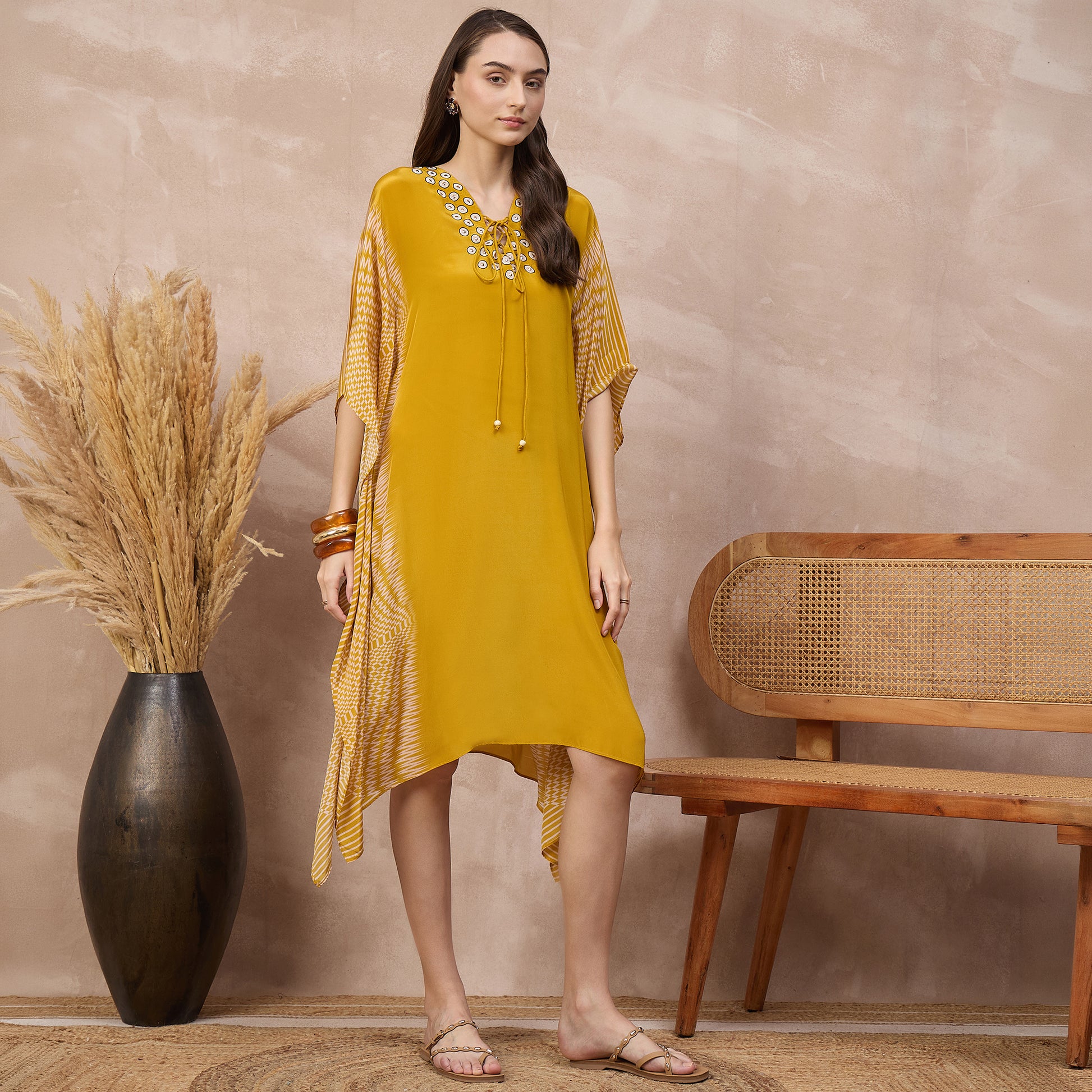 Yellow Abstract Print Kaftan for Women – Viscose Crepe – Side View | First Resort by Ramola Bachchan