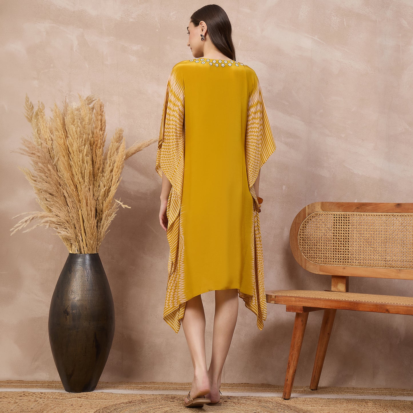 Yellow Abstract Print Kaftan for Women – Viscose Crepe – Detail View | First Resort by Ramola Bachchan