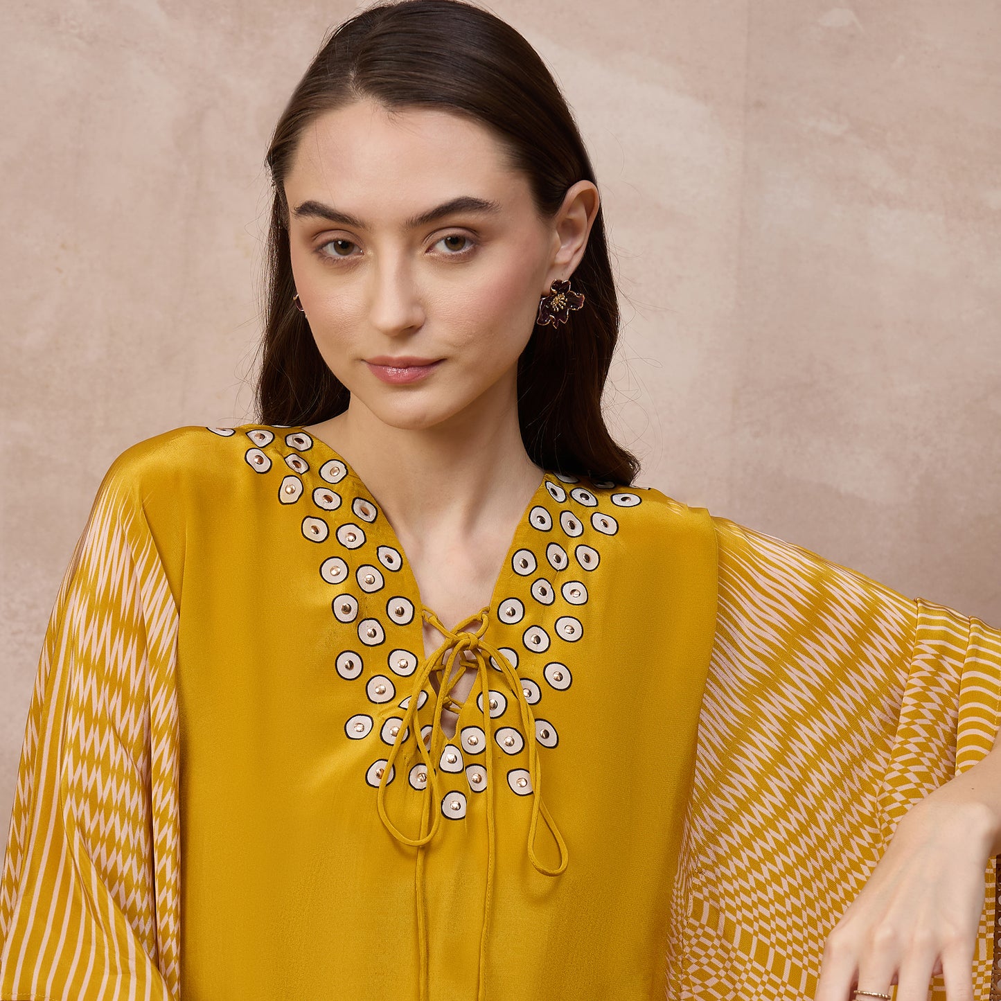 Yellow Abstract Print Kaftan for Women – Viscose Crepe – Back View | First Resort by Ramola Bachchan