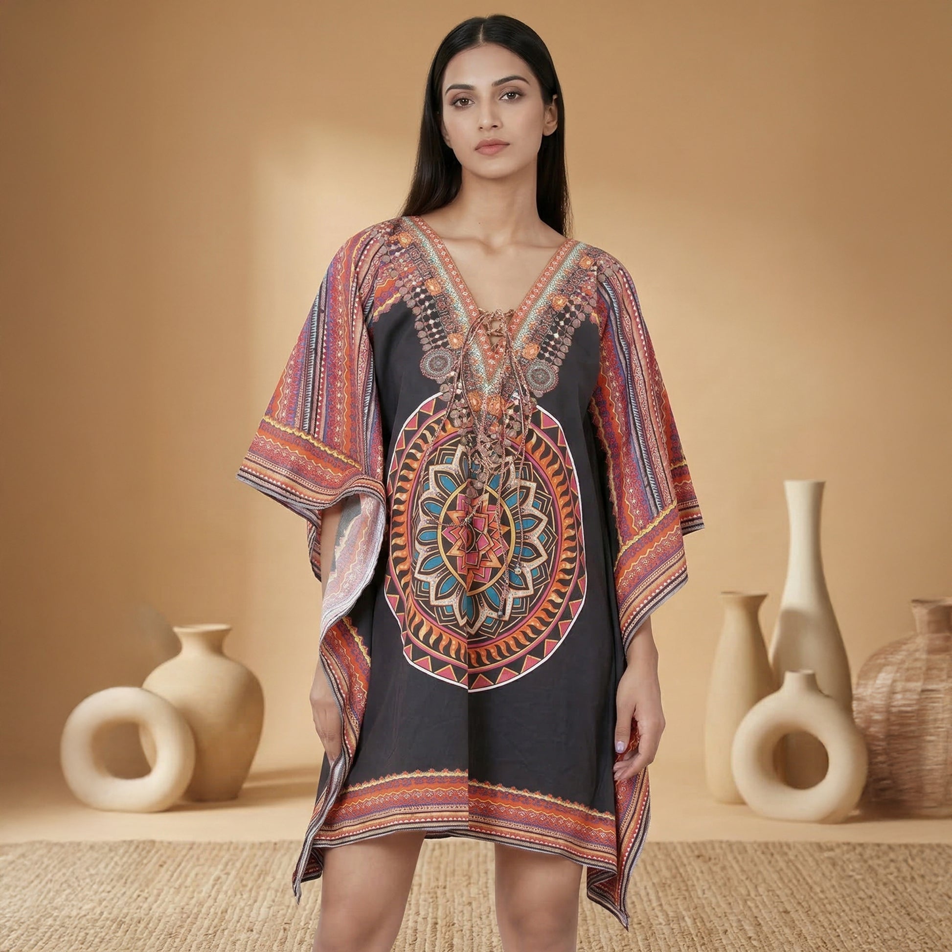Black Tribal Print Kaftan for Women – Cotton Poplin | First Resort by Ramola Bachchan