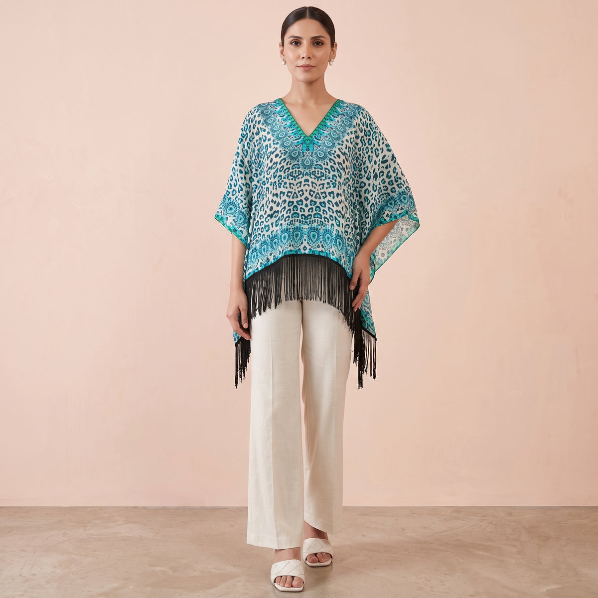Aqua Animal Print Kaftan for Women – Embellished | First Resort by Ramola Bachchan